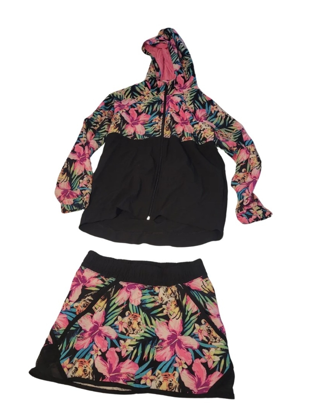 Old Navy Girls Floral Pink & Black Hoodie and Skirt Set